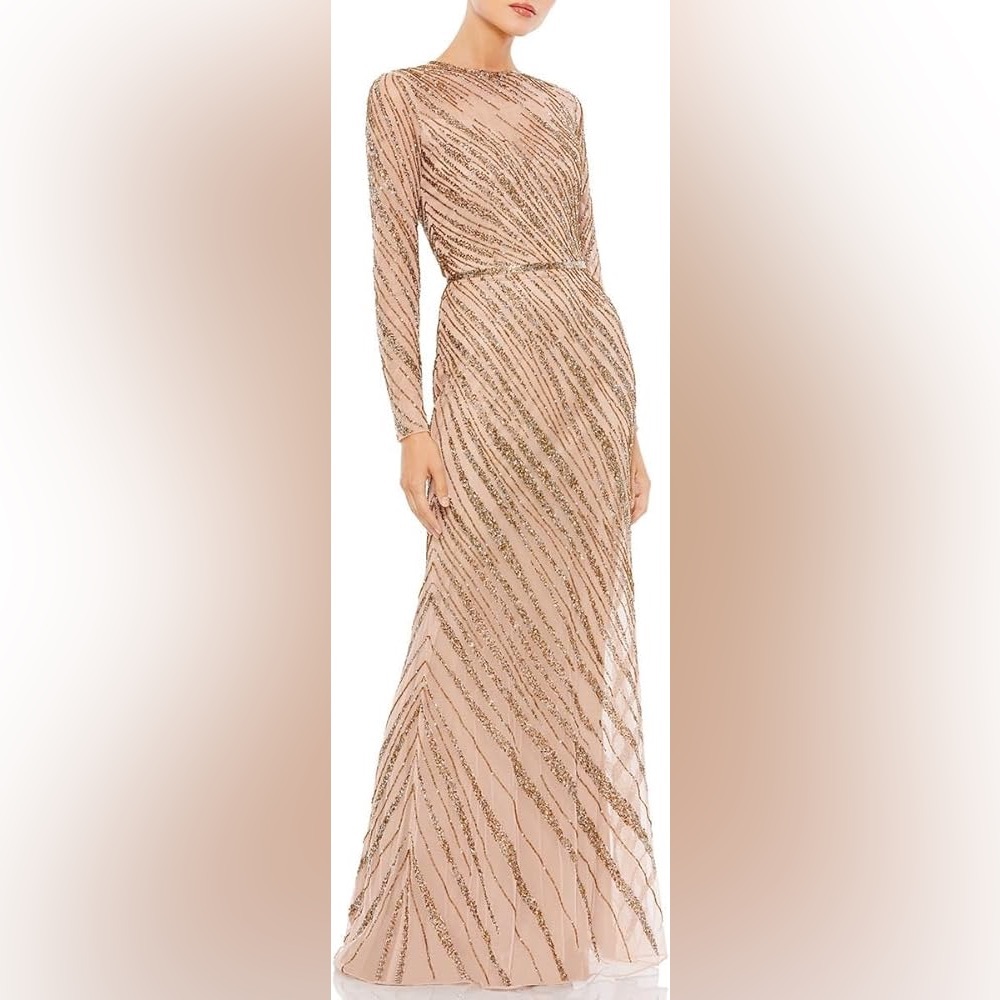 NWT MacDuggal LONG SLEEVE BEADED COLUMN‎ GOWN-
Mocha size 10